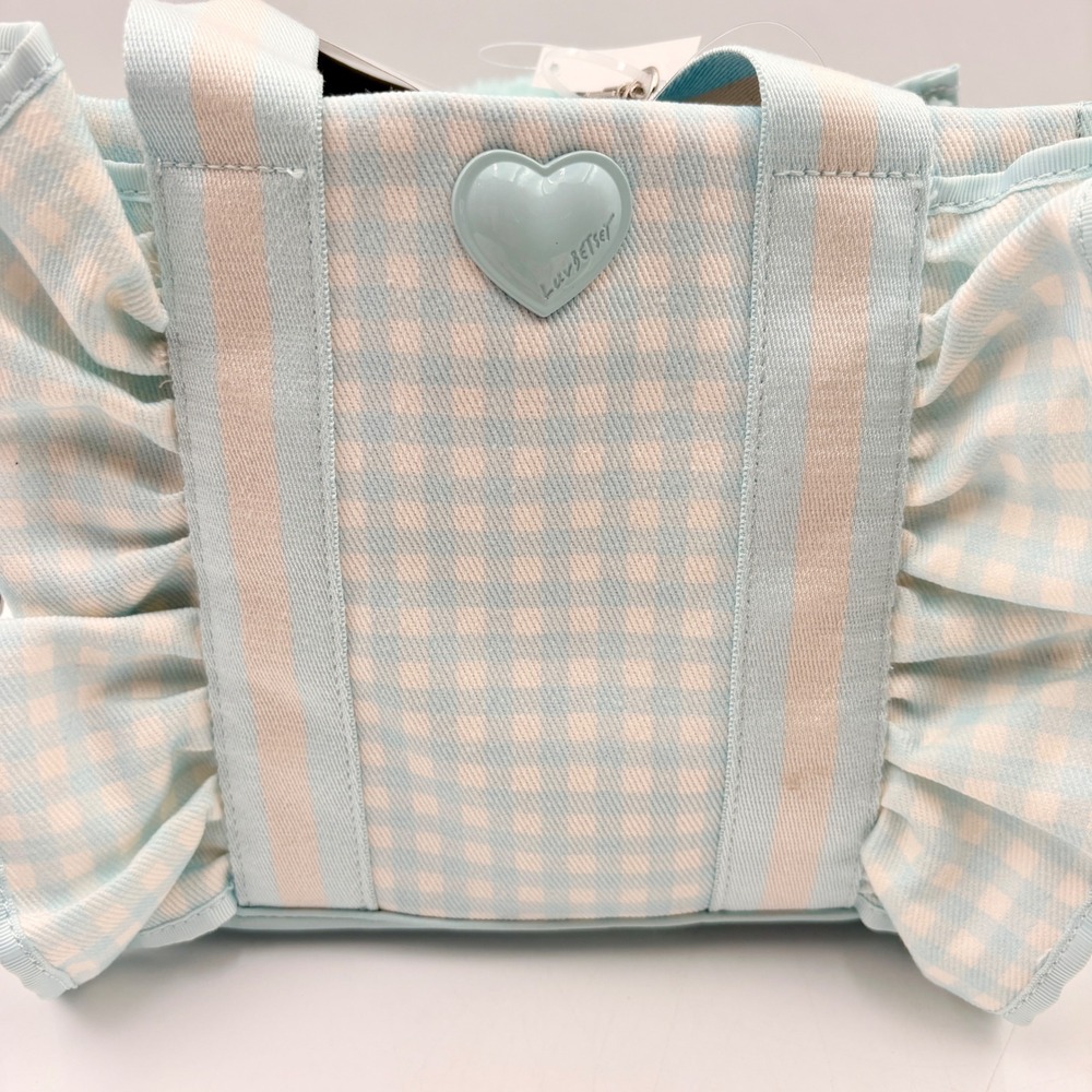 Luv Betsey Johnson Gingham LBRUFFLE Crossbody Tote Bag Blue White Heart Charm - Picture 9 of 12